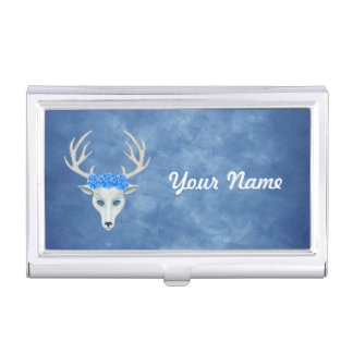Head of White Deer Pretty Face Blue Roses Business Card Case