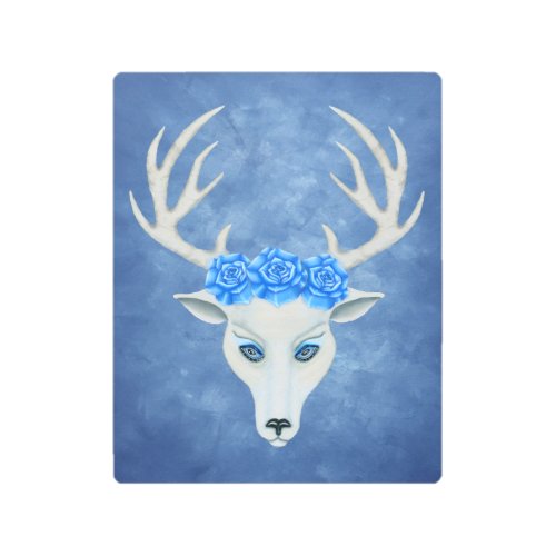 Head of White Mythical Deer Antlers Blue Roses Metal Print