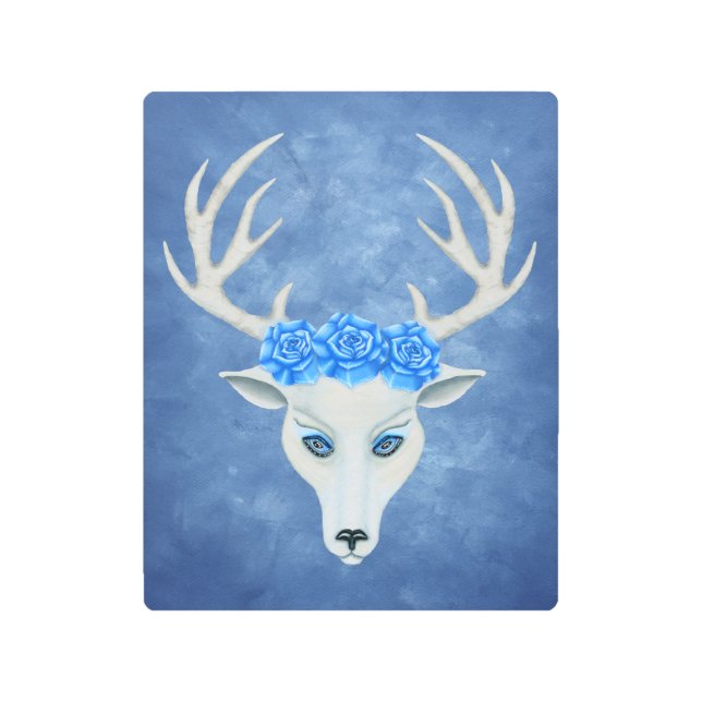Head of White Mythical Deer Antlers Blue Roses Metal Print (Front)