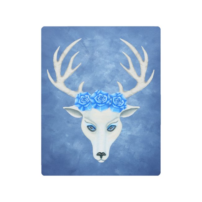 Head of White Mythical Deer Antlers Blue Roses