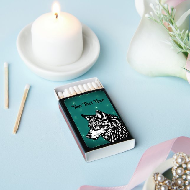 Head of Wolf Black White Illustration Stars Green Matchboxes (Insitu)