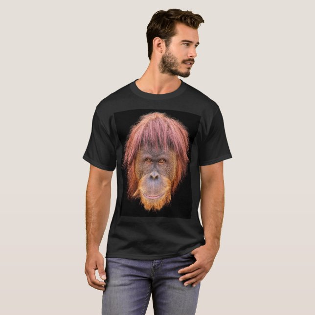 Head shot of a male orangutan on black background; T-Shirt (Front Full)
