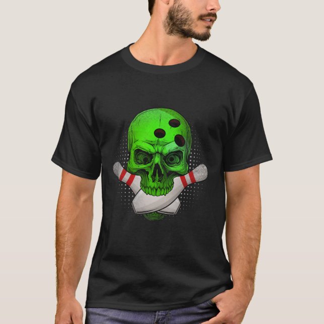 Head Skull Bowling Ball &amp; Pins Happy Halloween T-Shirt (Front)