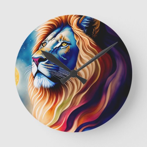 Head White Lion Colorful Art Round Clock