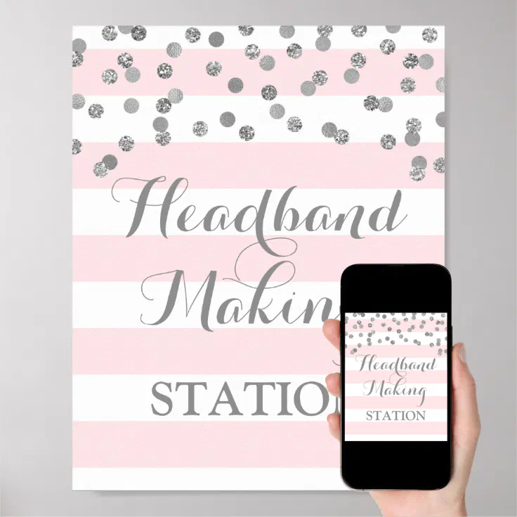 Headband Making Station Sign Blush Stripes Silver | Zazzle