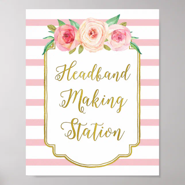 Headband Making Station Sign Pink Floral Stripes | Zazzle