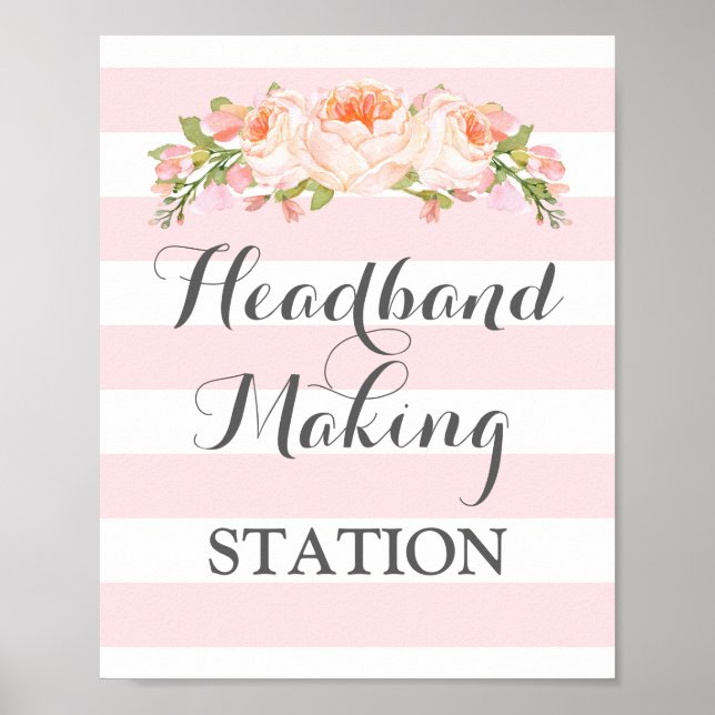Headband Making Station Sign Pink Flowers Stripes (Front)