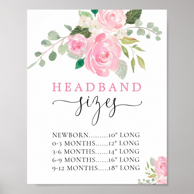 Headband sizes baby shower pink floral sign (Front)