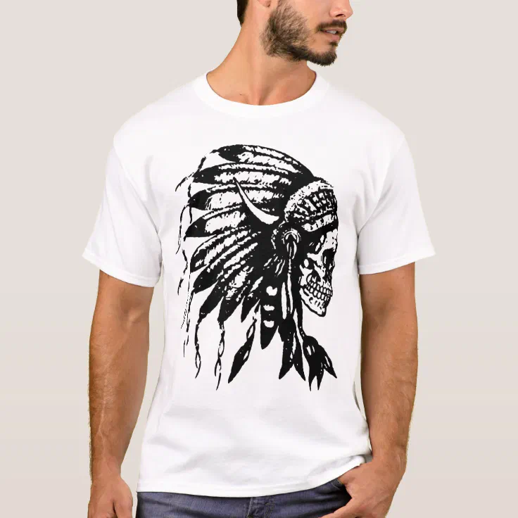 Skull Indian Feathers V-neck T shirt Tops Native American Men's Skull 