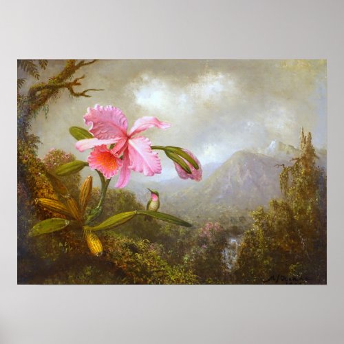 Heade _ Orchid And Hummingbird Near A Waterfall  Poster