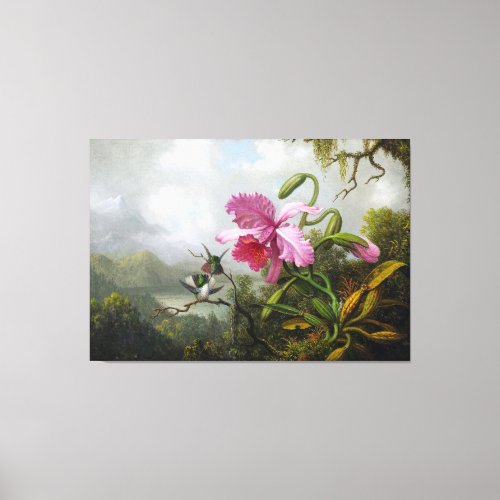 HEADE Orchid and Hummingbirds near a Mountain Lake Canvas Print