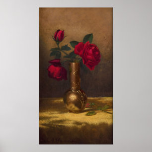Heade - Red Roses In A Japanese Vase On Gold Cloth Poster