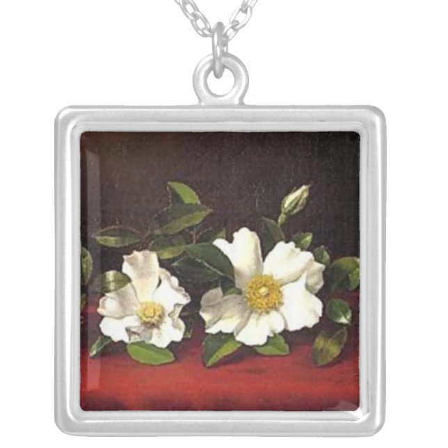 Heade_Two-cherokee-roses-on-red-velvet-1889 Silver Plated Necklace (Front)