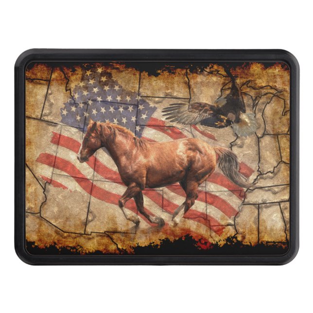 "Heading West" Horse, Eagle and US Flag Hitch Cover (Front)