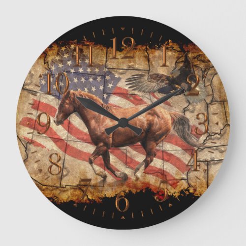 Heading West Horse Eagle and US Flag Large Clock