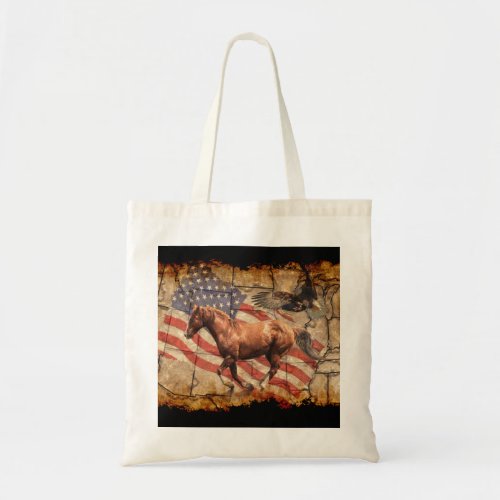 Heading West Horse Eagle and US Flag Tote Bag