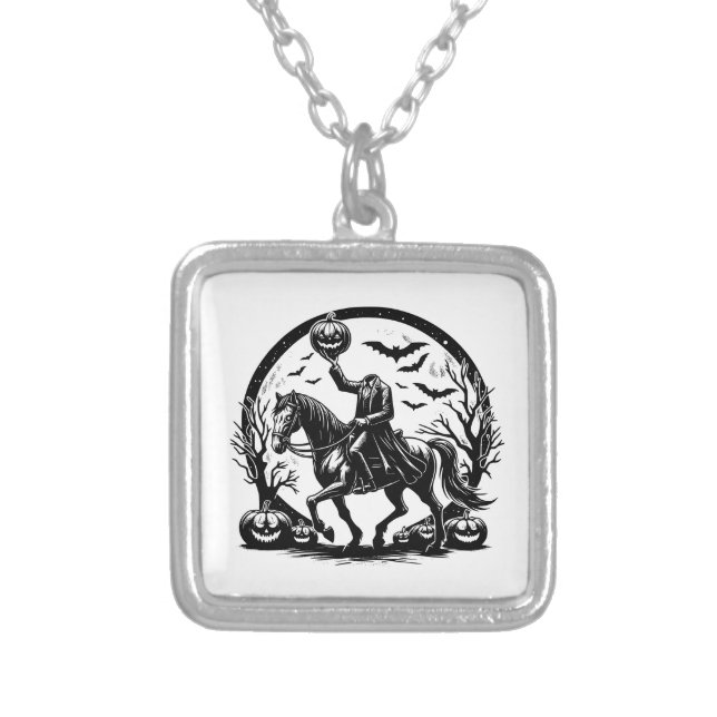 Headless Horseman Halloween Circle Design Silver Plated Necklace (Front)