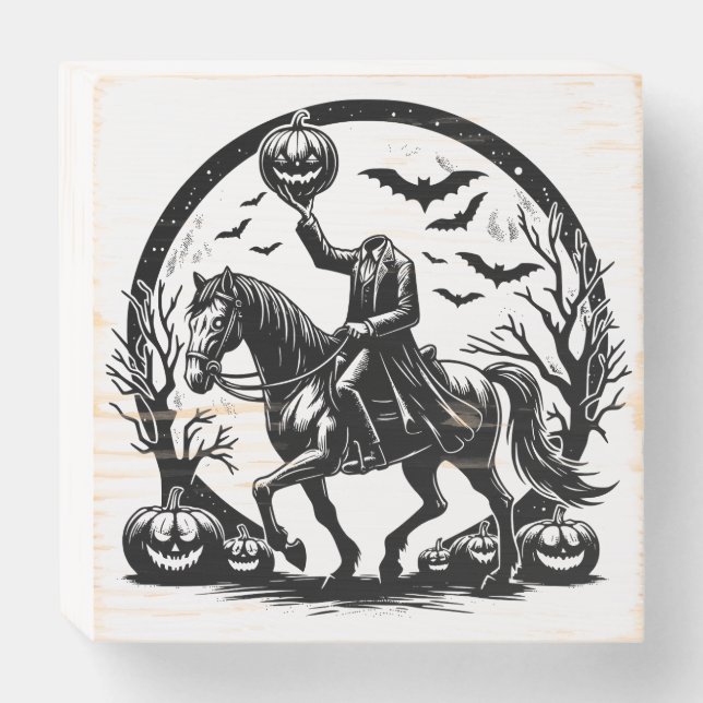 Headless Horseman Halloween Circle Design Wooden Box Sign (Front Horizontal)