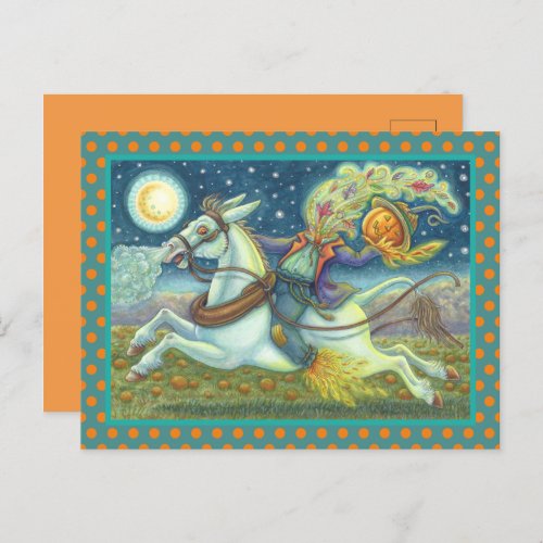 HEADLESS HORSEMAN SCARECROW ON WHITE MULE HOLIDAY POSTCARD