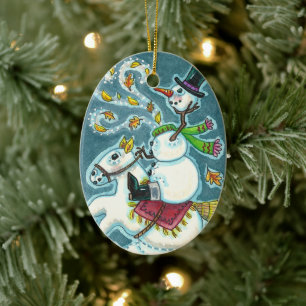 HEADLESS HORSEMAN SNOWMAN, XMAS HALLOWEEN HUMOR, CERAMIC ORNAMENT
