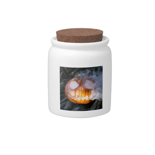 Headless Horseman's Jack-o-Lantern Head a Flame Candy Jar (Front)