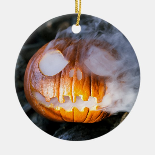 Headless Horseman's Jack-o-Lantern Head a Flame Ceramic Ornament (Front)