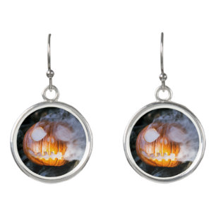 Headless Horseman's Jack-o-Lantern Head a Flame Earrings