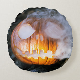 Headless Horseman's Jack-o-Lantern Head a Flame Round Pillow