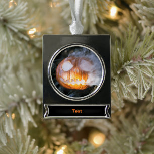 Headless Horseman's Jack-o-Lantern Head a Flame Silver Plated Banner Ornament