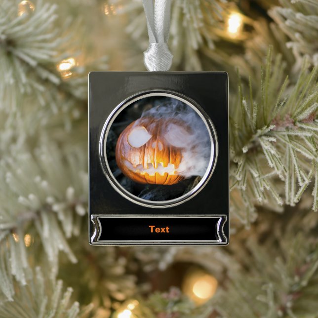 Headless Horseman's Jack-o-Lantern Head a Flame Silver Plated Banner Ornament (Tree)