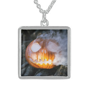 Headless Horseman's Jack-o-Lantern Head a Flame Sterling Silver Necklace