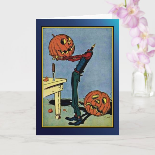 "Headless" Pumpkin Head Man Vintage Halloween Card (Orchid)