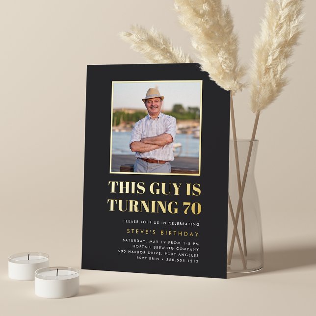 Headline 70th Birthday Party Photo Foil Invitation (Creator Uploaded)