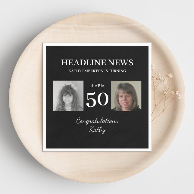 Headline News 50th Birthday Black and White Photo Napkins (Creator Uploaded)