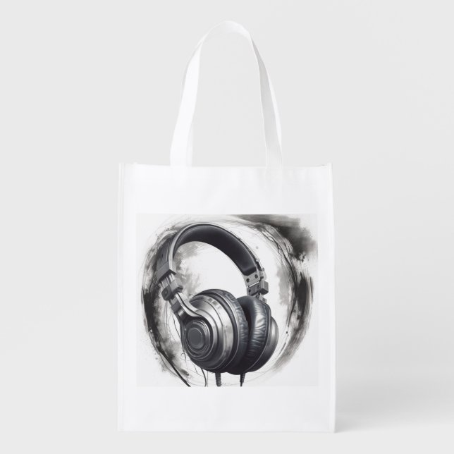 Headphone Artwork Music Lover Grocery Bag (Front)