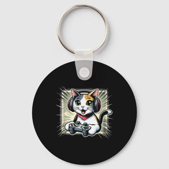 Headphone Video Game Japanese Bobtail Cat Gaming  Keychain (Front)
