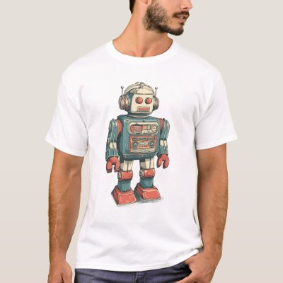 Headphoned Tin Robot — Vintage Cassette-Chest Mech T-Shirt