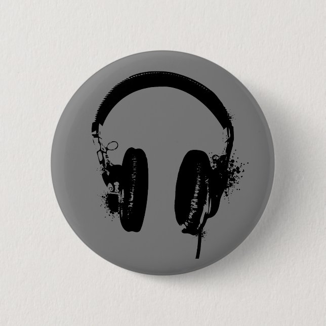 Headphones Black Stencil Graphic Art Button Pin (Front)