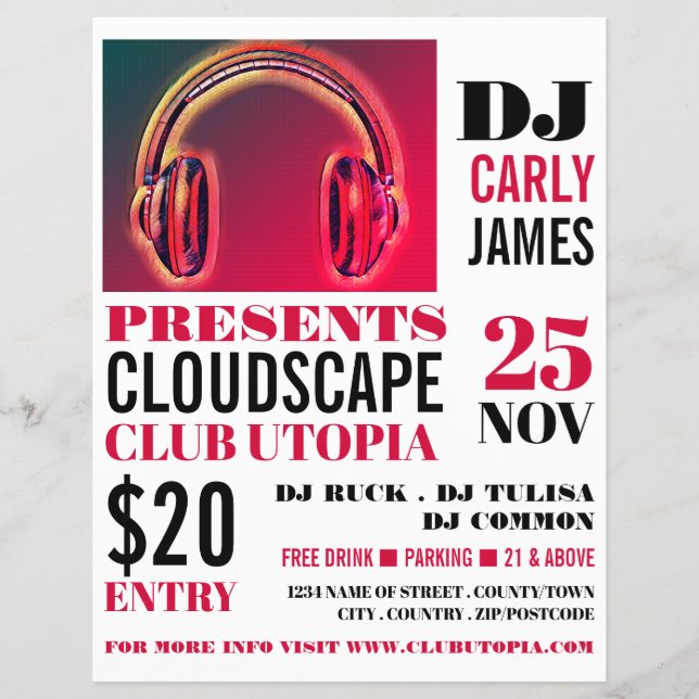 Headphones, DJ, Club Event Advertising Flyer (Front)