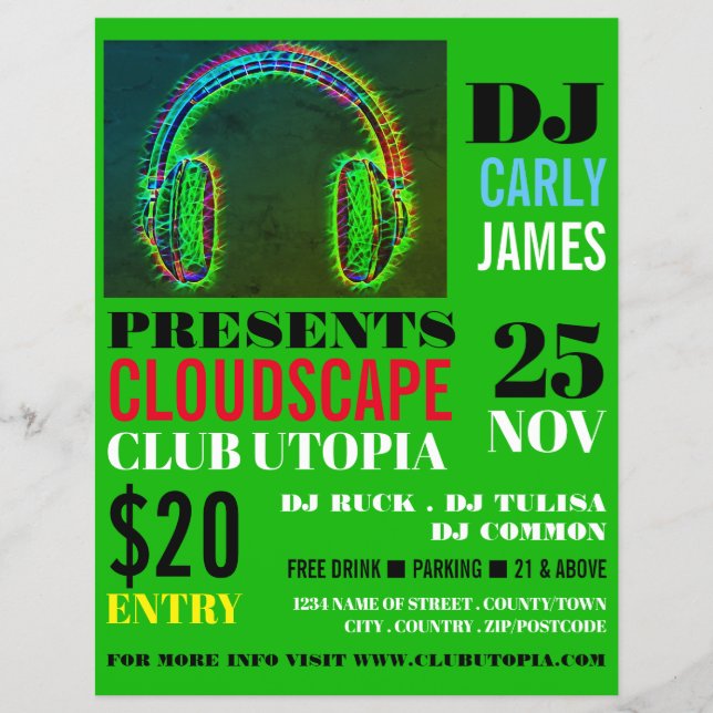 Headphones, DJ, Club Event Advertising Flyer (Front)