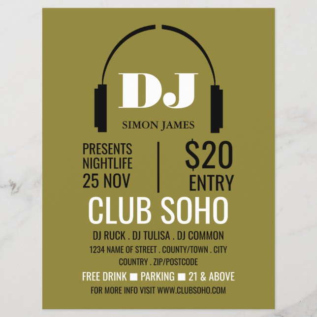 Headphones Logo, DJ, Club Event Advertising Flyer (Front)