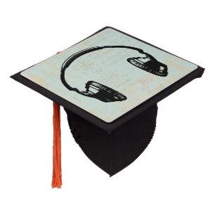 Headphones Music Illustration Vintage Mint Green Graduation Cap Topper