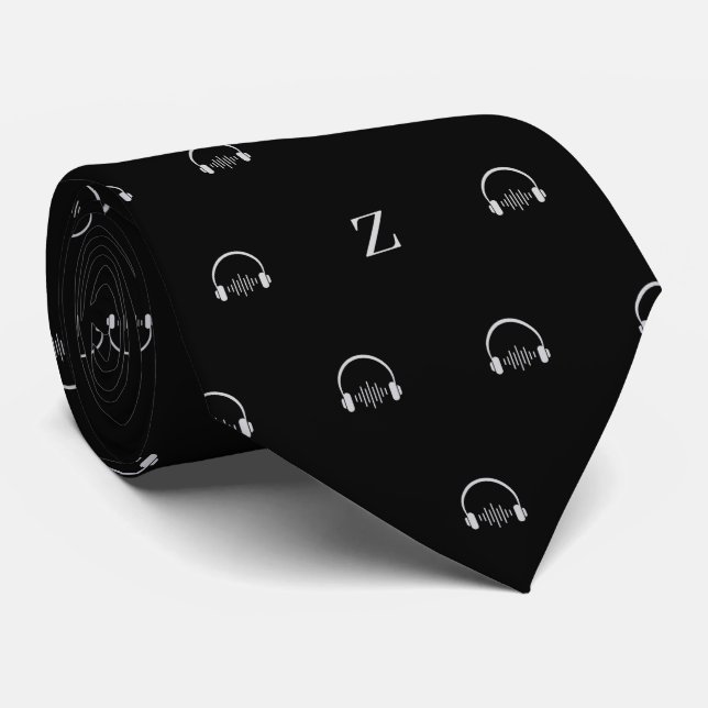 Headphones Music Monogram Initial Black and white Neck Tie (Rolled)