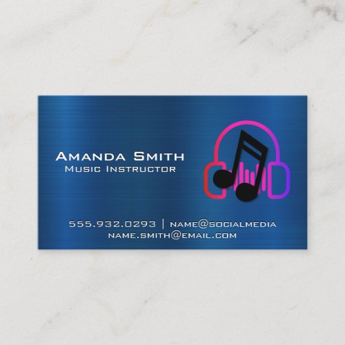 Headphones Music Note  Blue Metallic Business Card