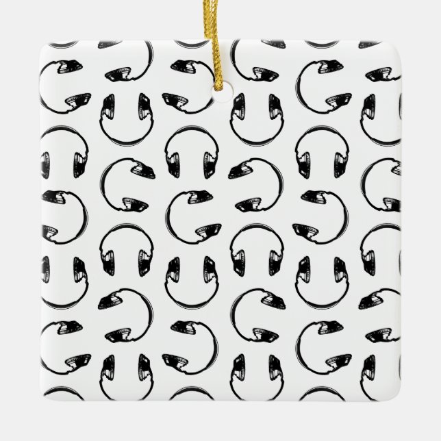Headphones Music Print CUSTOM BACKGROUND COLOR Ceramic Ornament (Front)