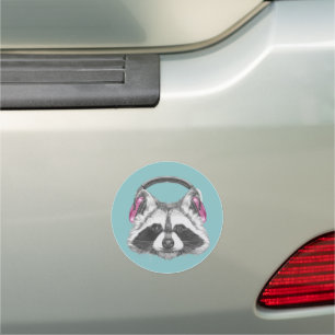 Headphones Raccoon Car Magnet