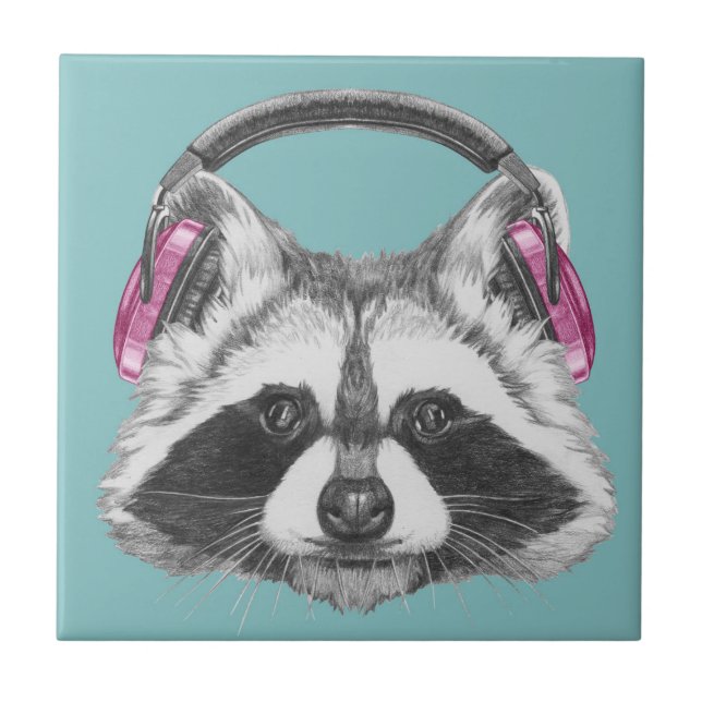 Headphones Raccoon Ceramic Tile (Front)