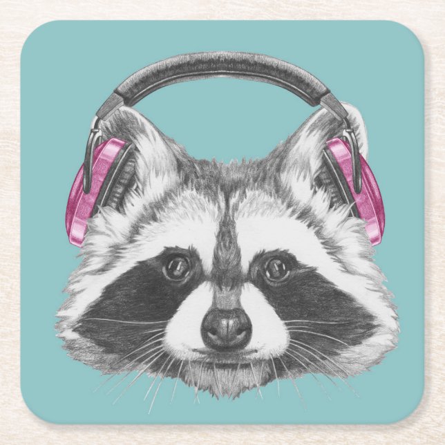 Headphones Raccoon Square Paper Coaster (Front)
