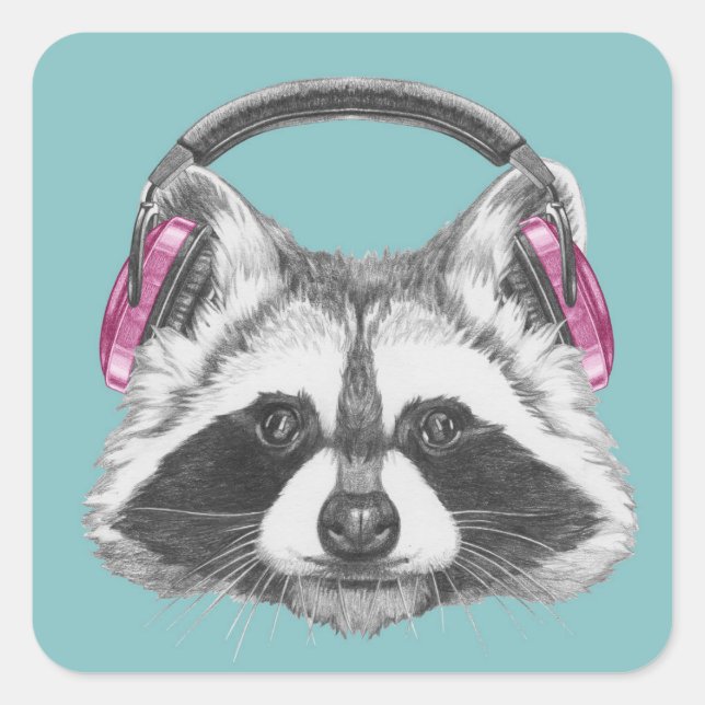 Headphones Raccoon Square Sticker (Front)