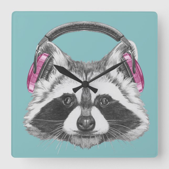 Headphones Raccoon Square Wall Clock (Front)